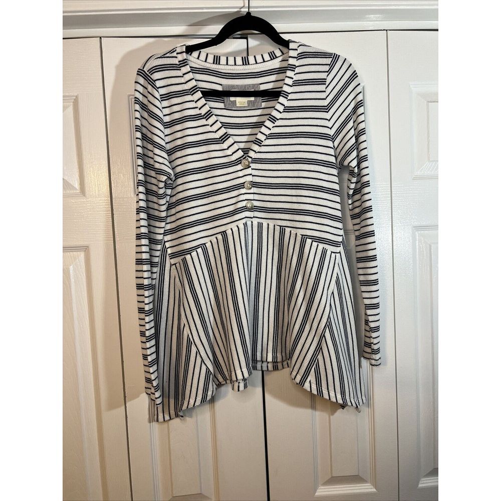 Anthropologie Maeve M Eliza Thermal Top Waffle Knit Tunic Navy Blue White Stripe